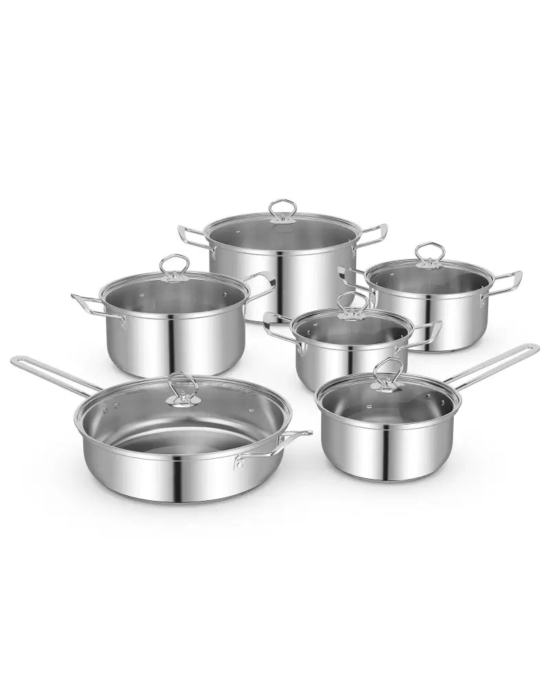 12 Piece Pots and Pans Set with Tempered Glass Lids and Handles - Silver - Cookware & Bakeware