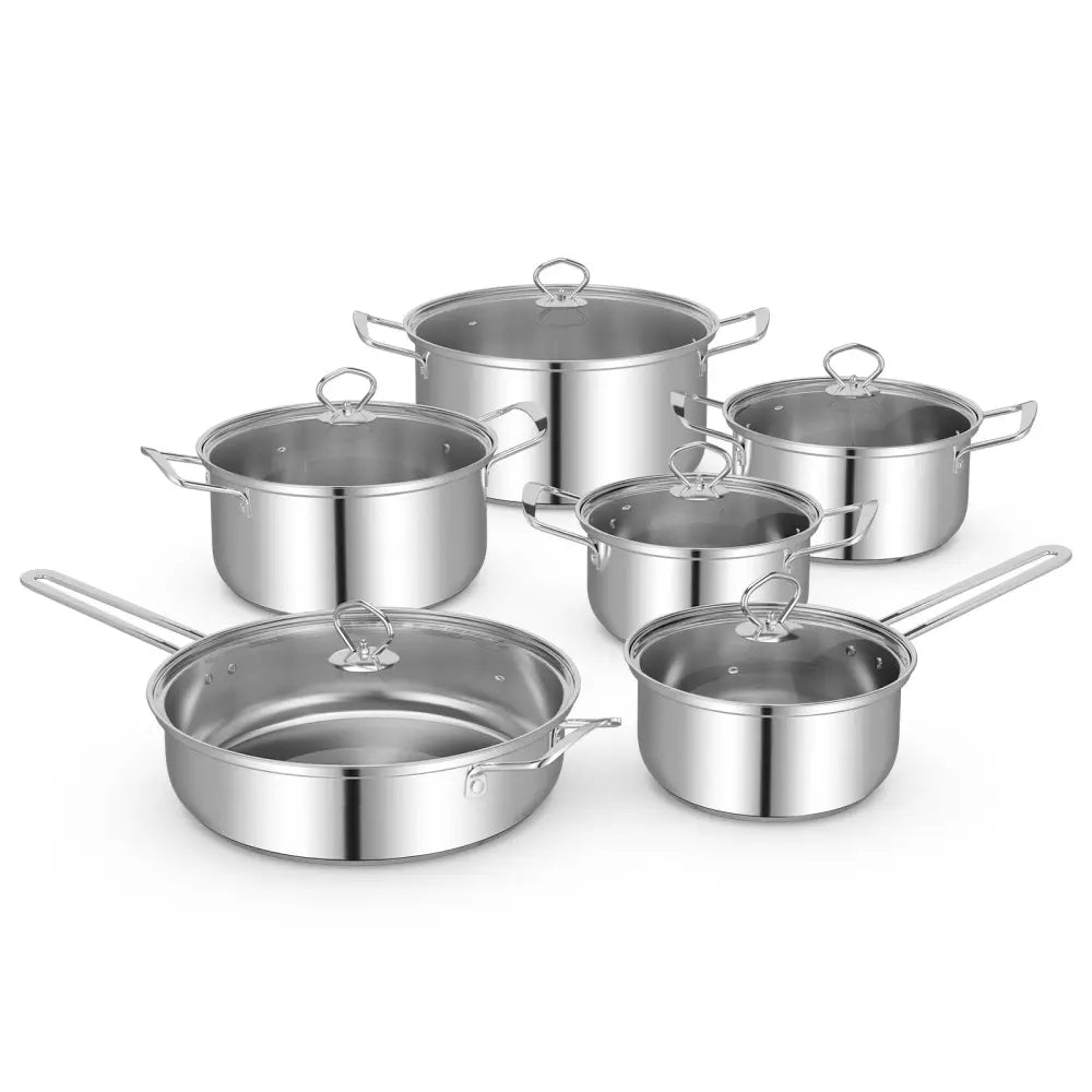 12 Piece Pots and Pans Set with Tempered Glass Lids and Handles - Silver - Cookware & Bakeware