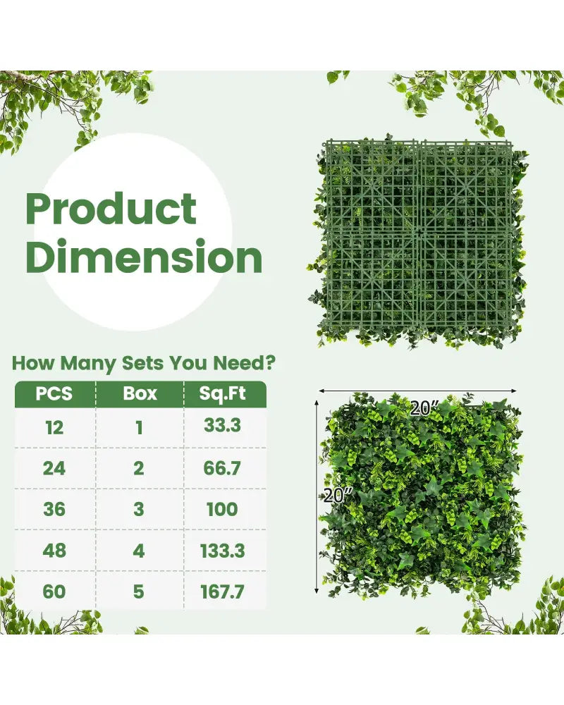 12 Pieces 20 x 20 Inch Artificial Greenery Foliage Panels with Insertable Branches - Green - Outdoor Privacy Screens