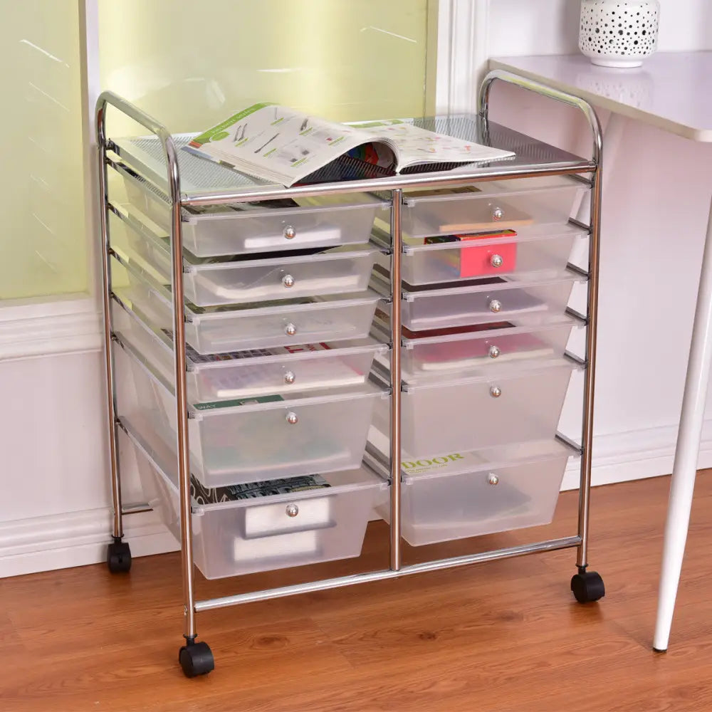 12 Storage Drawer Organizer Bins Rolling Cart - White - File Cabinets