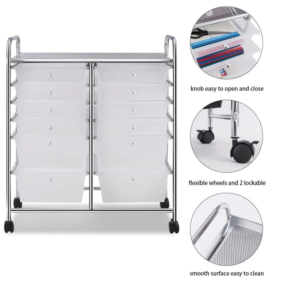 12 Storage Drawer Organizer Bins Rolling Cart - White - File Cabinets