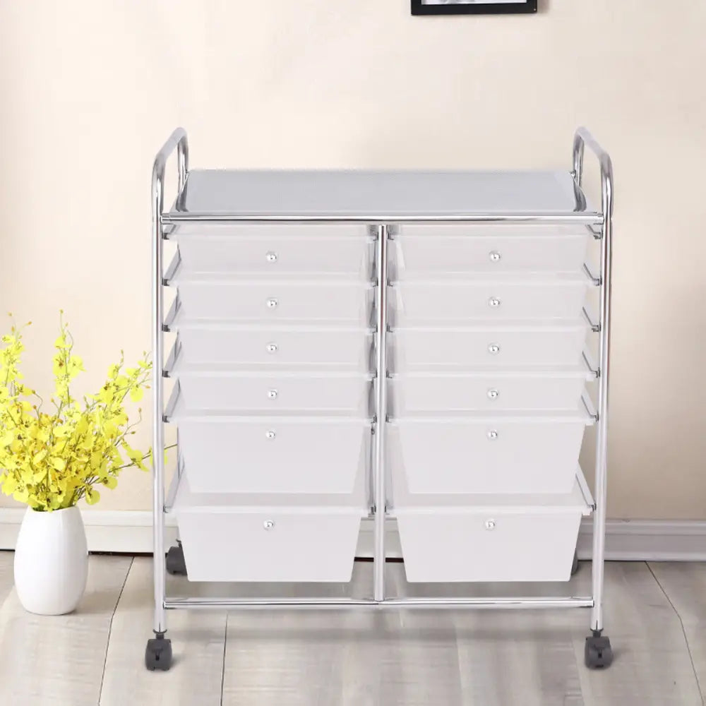 12 Storage Drawer Organizer Bins Rolling Cart - White - File Cabinets