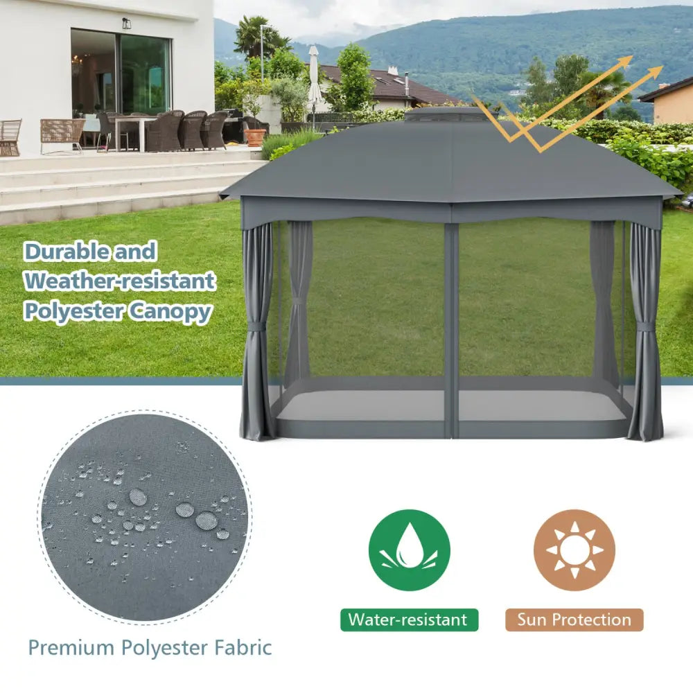 12 x 10 Feet Canopy Double Vented Heavy Duty Steel Gazebo-Gray - Gray - Gazebos