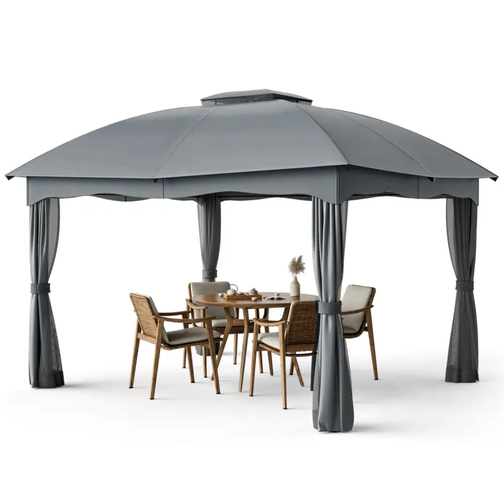 12 x 10 Feet Canopy Double Vented Heavy Duty Steel Gazebo-Gray - Gray - Gazebos