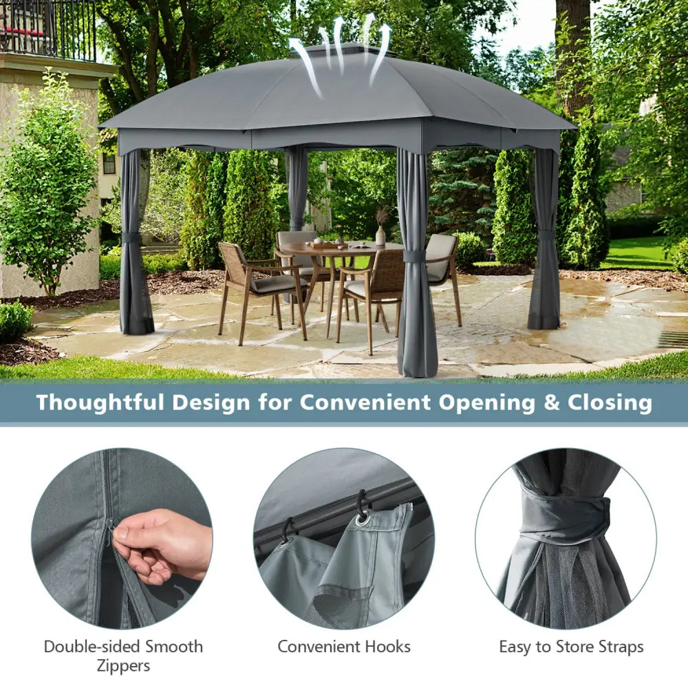 12 x 10 Feet Canopy Double Vented Heavy Duty Steel Gazebo-Gray - Gray - Gazebos