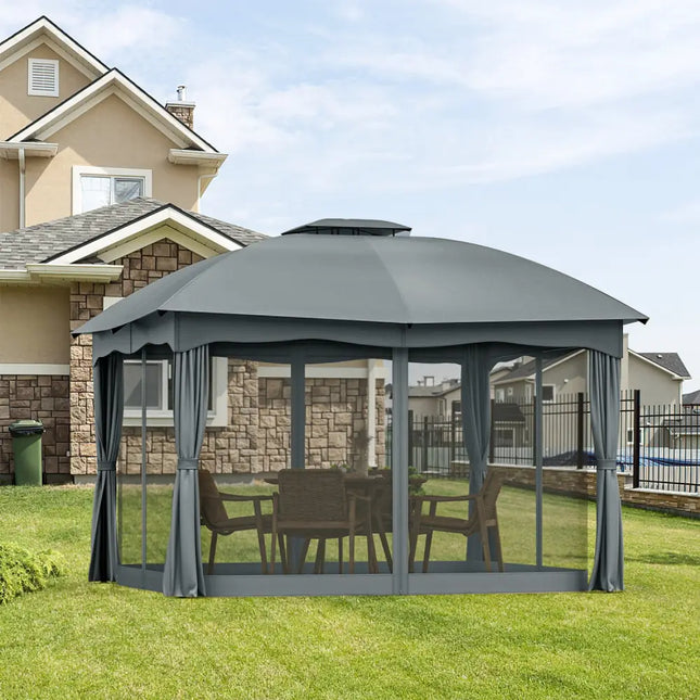12 x 10 Feet Canopy Double Vented Heavy Duty Steel Gazebo-Gray - Gray - Gazebos