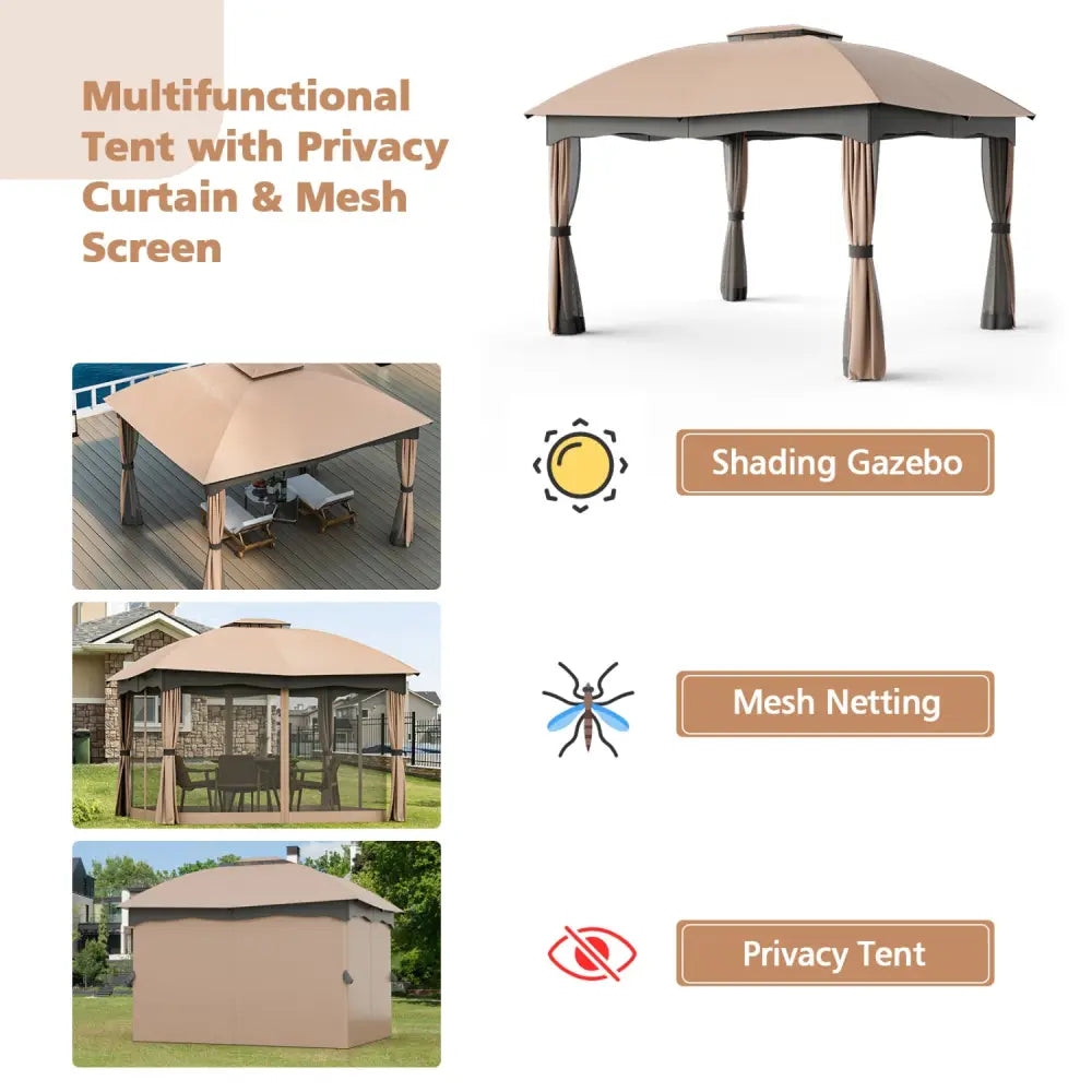 12 x 10 Feet Double Vented Heavy Duty Steel Gazebo Patio Canopy - Brown - Gazebos
