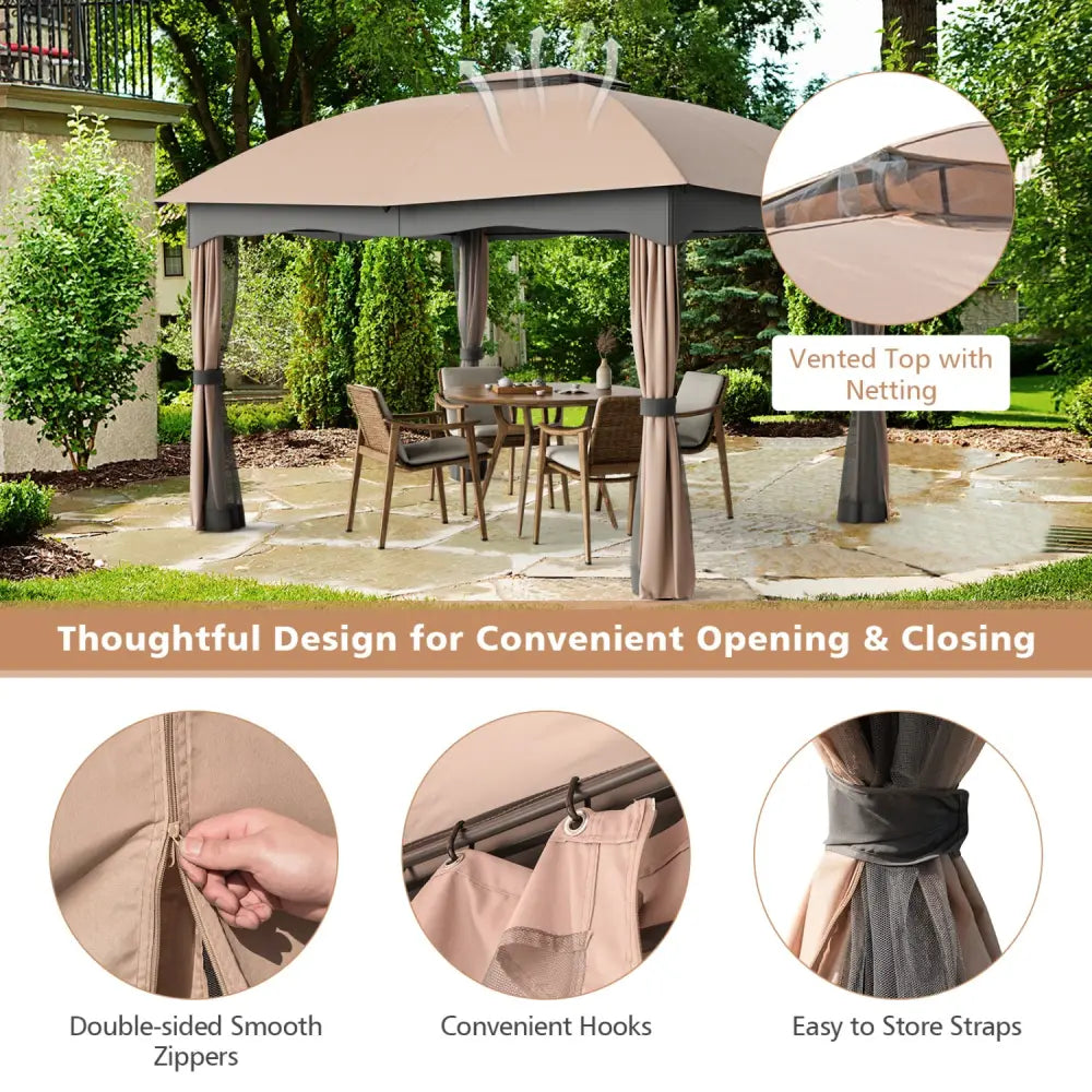 12 x 10 Feet Double Vented Heavy Duty Steel Gazebo Patio Canopy - Brown - Gazebos