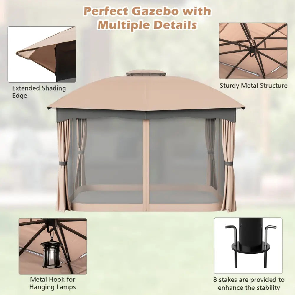 12 x 10 Feet Double Vented Heavy Duty Steel Gazebo Patio Canopy - Brown - Gazebos