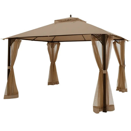 12 x 10 Feet Outdoor Double Top Patio Gazebo with Netting-Brown - Brown - Gazebos