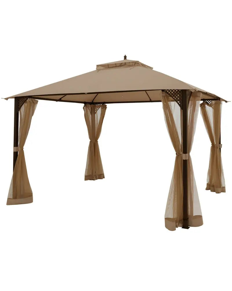 12 x 10 Feet Outdoor Double Top Patio Gazebo with Netting-Brown - Brown - Gazebos