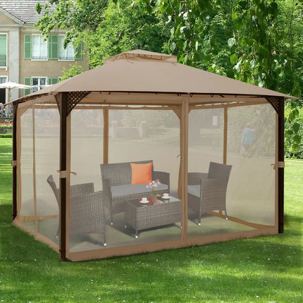 12 x 10 Feet Outdoor Double Top Patio Gazebo with Netting-Brown - Brown - Gazebos