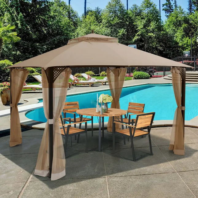 12 x 10 Feet Outdoor Double Top Patio Gazebo with Netting-Brown - Brown - Gazebos