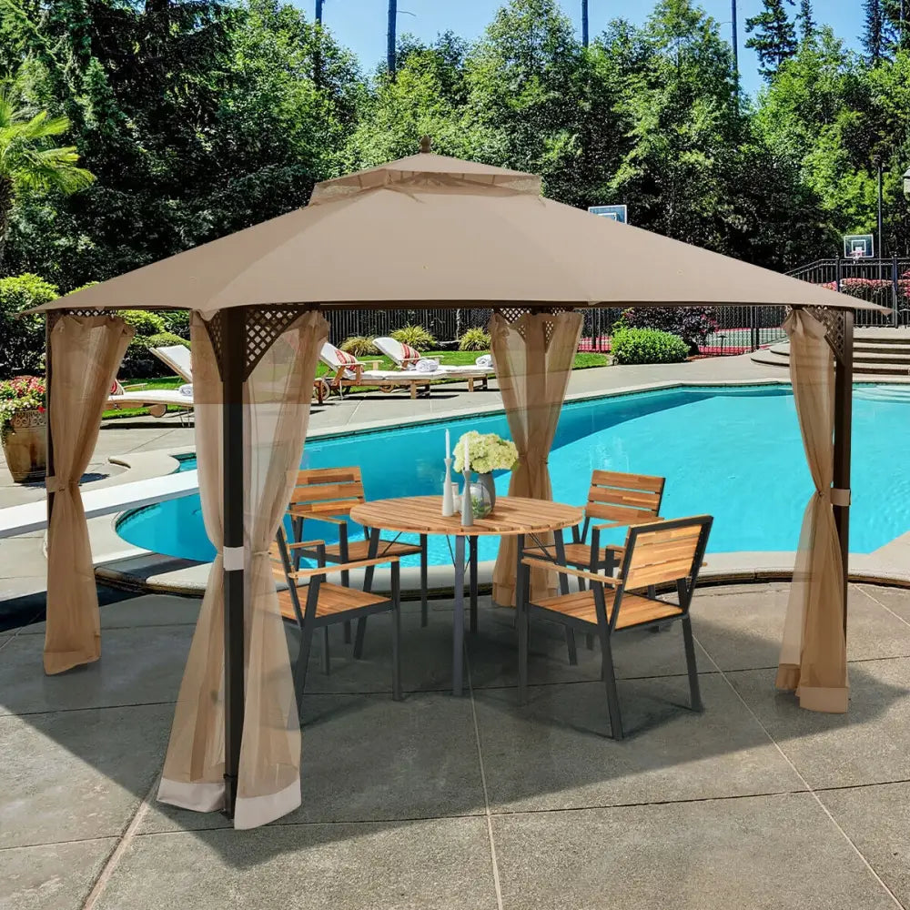 12 x 10 Feet Outdoor Double Top Patio Gazebo with Netting-Brown - Brown - Gazebos