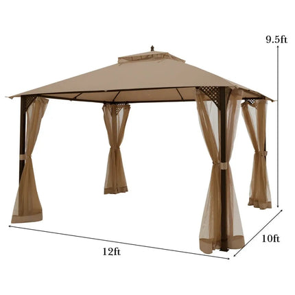 12 x 10 Feet Outdoor Double Top Patio Gazebo with Netting-Brown - Brown - Gazebos