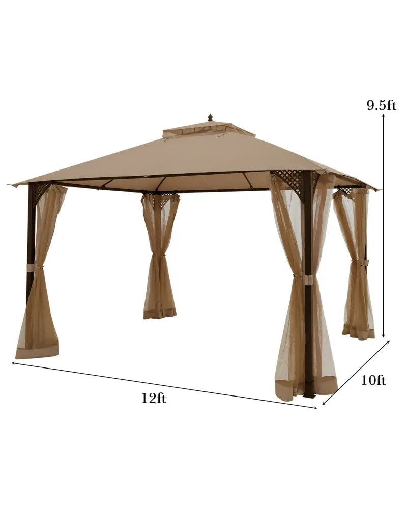 12 x 10 Feet Outdoor Double Top Patio Gazebo with Netting-Brown - Brown - Gazebos