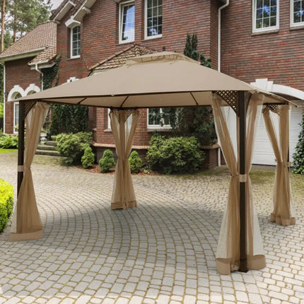 12 x 10 Feet Outdoor Double Top Patio Gazebo with Netting-Brown - Brown - Gazebos