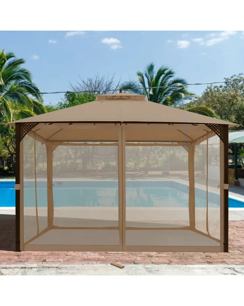 12 x 10 Feet Outdoor Double Top Patio Gazebo with Netting-Brown - Brown - Gazebos