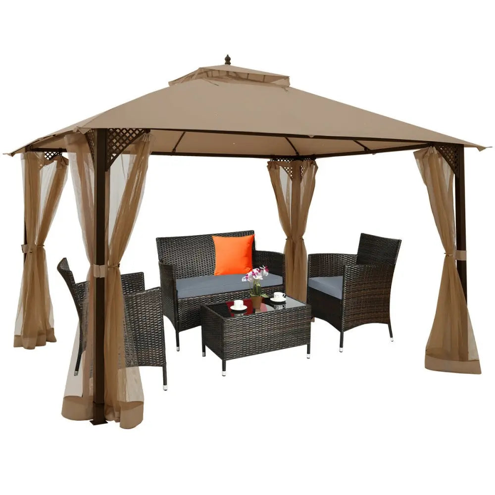 12 x 10 Feet Outdoor Double Top Patio Gazebo with Netting-Brown - Brown - Gazebos