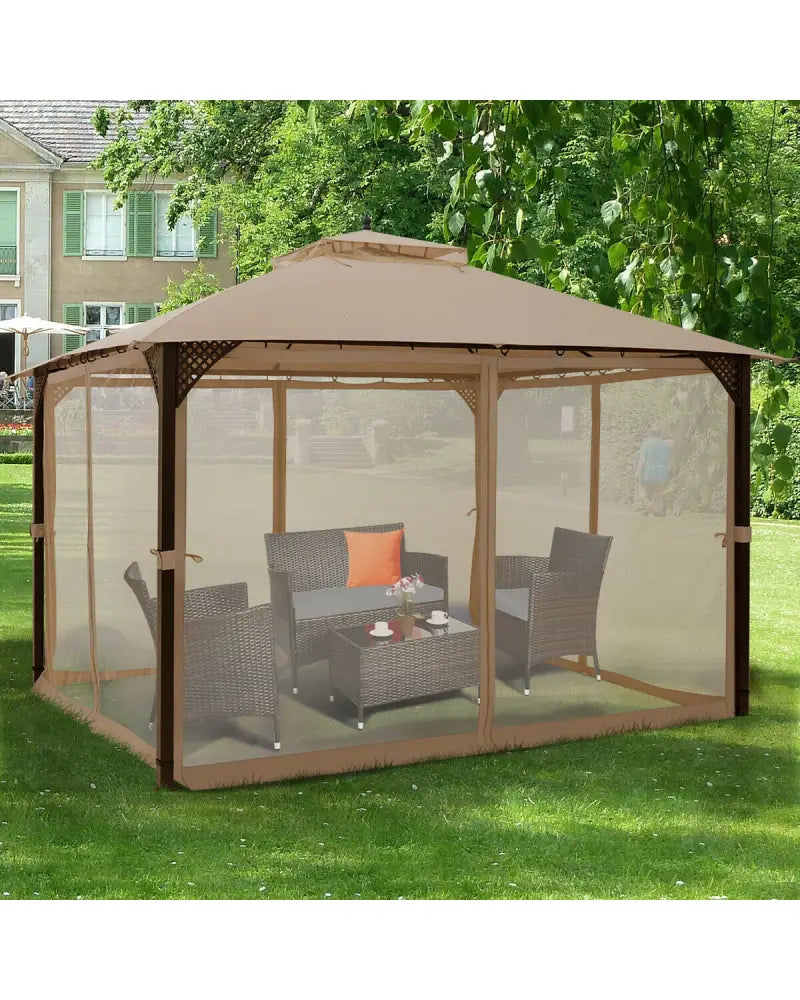 12 x 10 Feet Outdoor Double Top Patio Gazebo with Netting-Brown - Brown - Gazebos