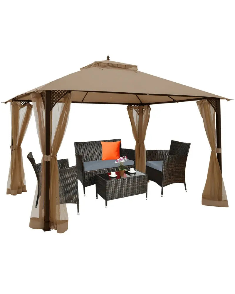 12 x 10 Feet Outdoor Double Top Patio Gazebo with Netting-Brown - Brown - Gazebos