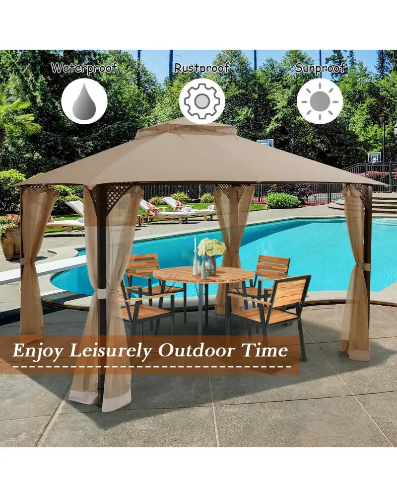 12 x 10 Feet Outdoor Double Top Patio Gazebo with Netting-Brown - Brown - Gazebos