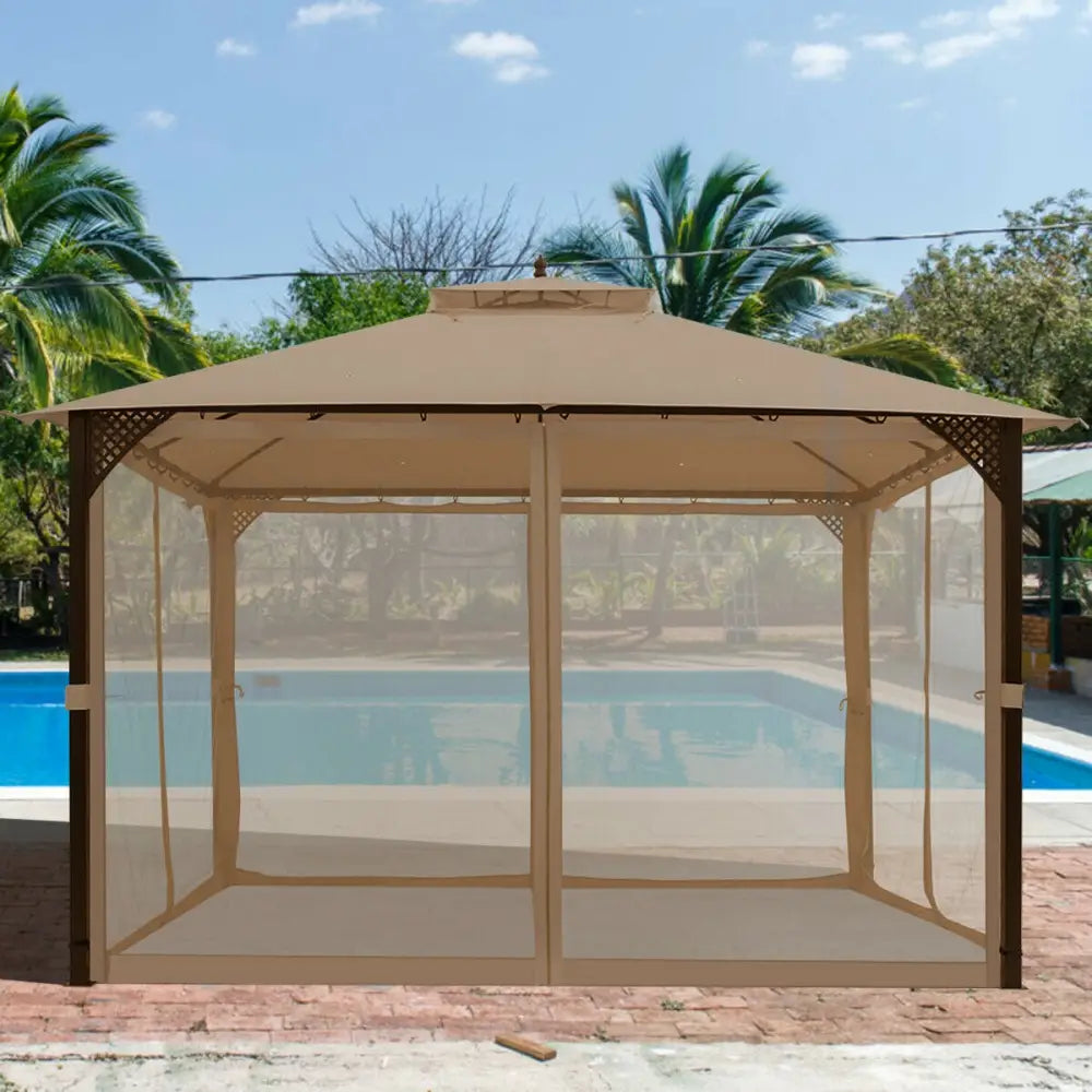 12 x 10 Feet Outdoor Double Top Patio Gazebo with Netting-Brown - Brown - Gazebos