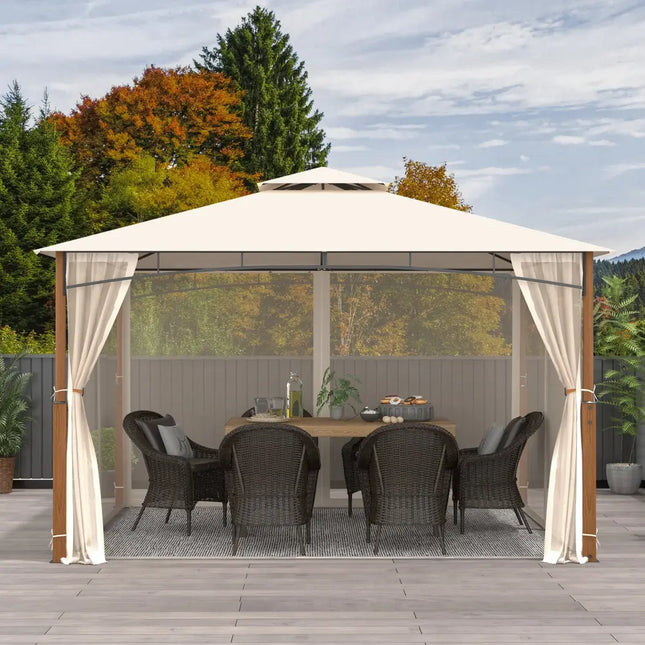 12 x 10 Feet Outdoor Patio Gazebo with Netting and 2-Tier Canopy Roof-Beige - Beige - Gazebos