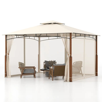 12 x 10 Feet Outdoor Patio Gazebo with Netting and 2-Tier Canopy Roof-Beige - Beige - Gazebos