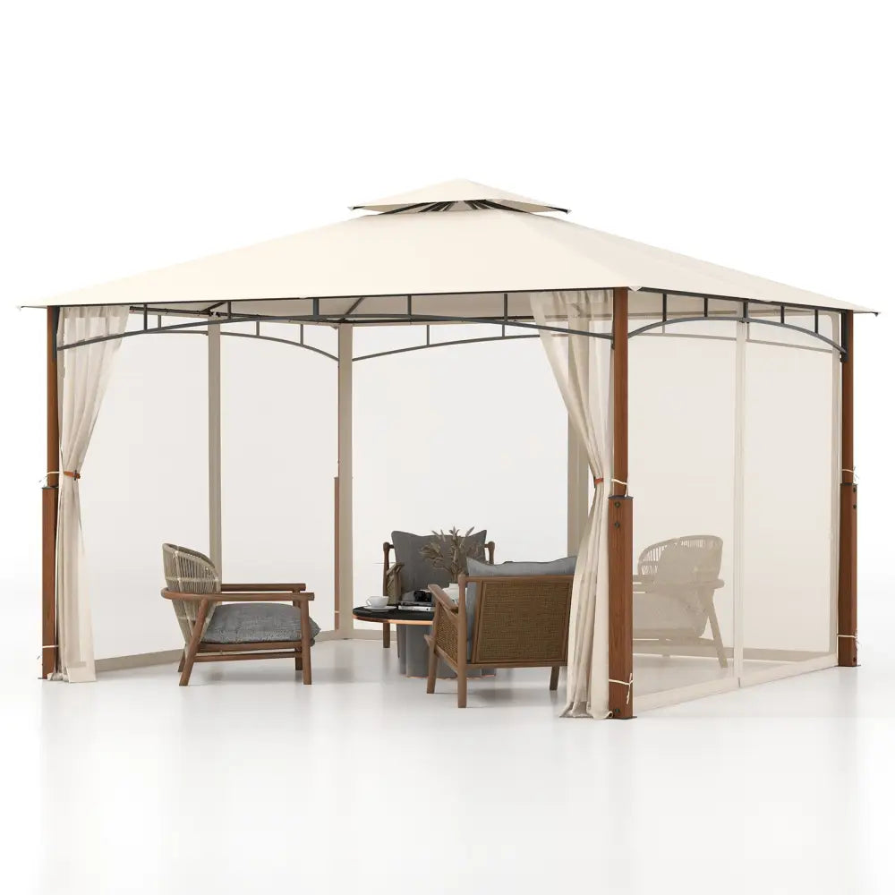 12 x 10 Feet Outdoor Patio Gazebo with Netting and 2-Tier Canopy Roof-Beige - Beige - Gazebos