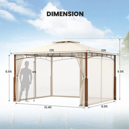 12 x 10 Feet Outdoor Patio Gazebo with Netting and 2-Tier Canopy Roof-Beige - Beige - Gazebos