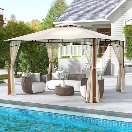 12 x 10 Feet Outdoor Patio Gazebo with Netting and 2-Tier Canopy Roof-Beige - Beige - Gazebos