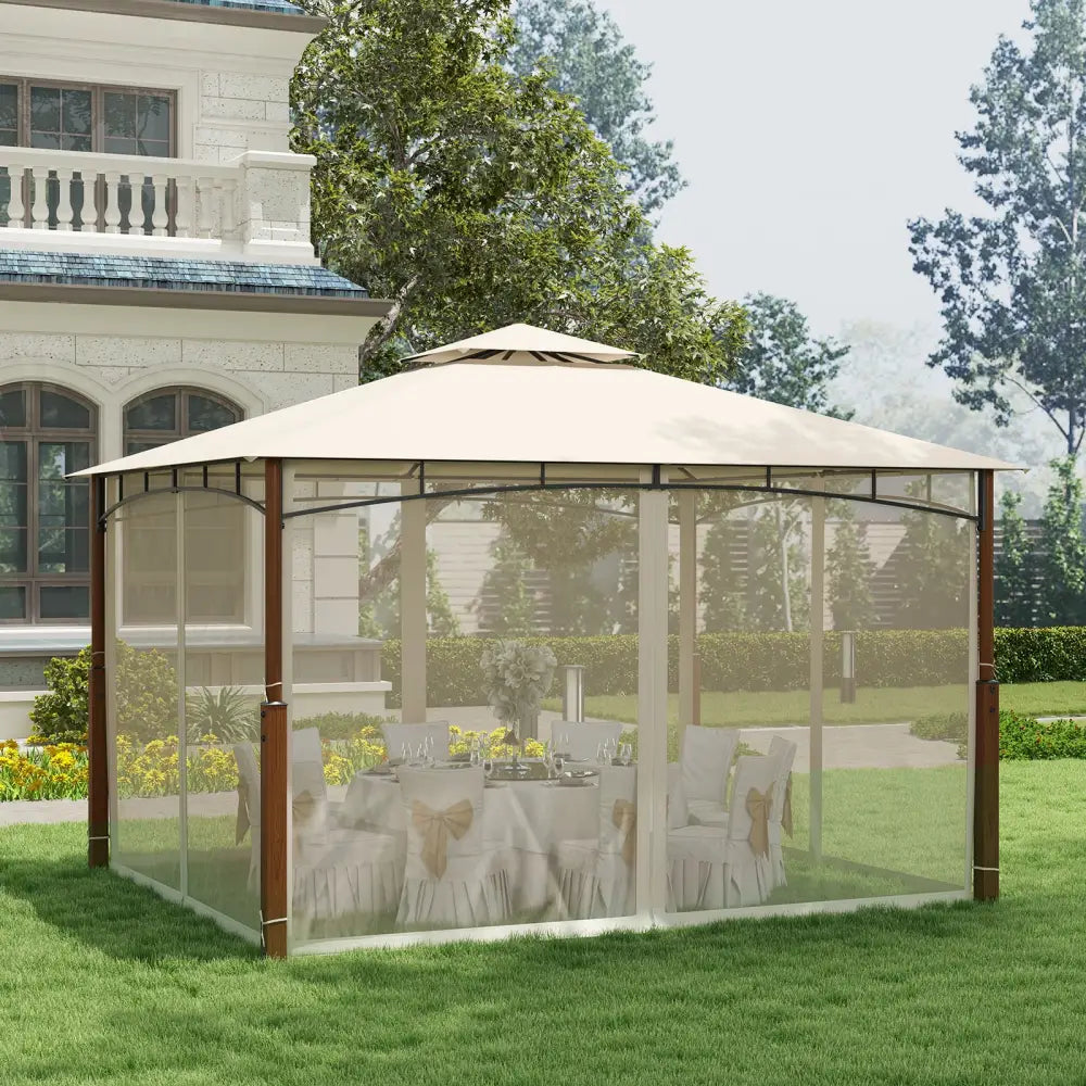 12 x 10 Feet Outdoor Patio Gazebo with Netting and 2-Tier Canopy Roof-Beige - Beige - Gazebos