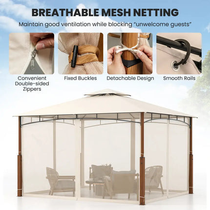12 x 10 Feet Outdoor Patio Gazebo with Netting and 2-Tier Canopy Roof-Beige - Beige - Gazebos