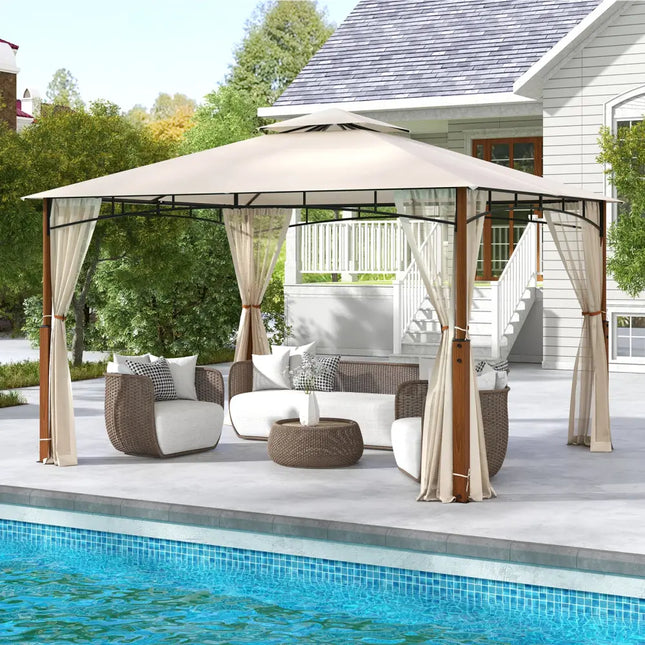 12 x 10 Feet Outdoor Patio Gazebo with Netting and 2-Tier Canopy Roof-Beige - Beige - Gazebos