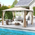 12 x 10 Feet Outdoor Patio Gazebo with Netting and 2-Tier Canopy Roof-Beige - Beige - Gazebos