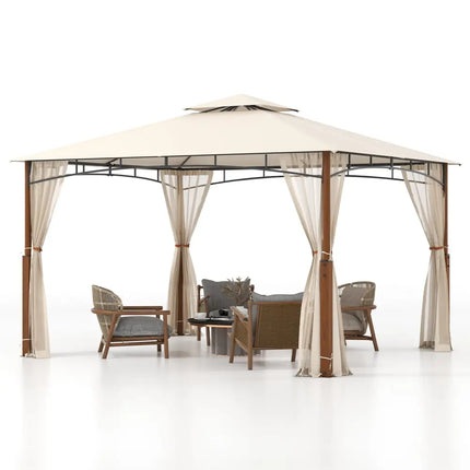 12 x 10 Feet Outdoor Patio Gazebo with Netting and 2-Tier Canopy Roof-Beige - Beige - Gazebos