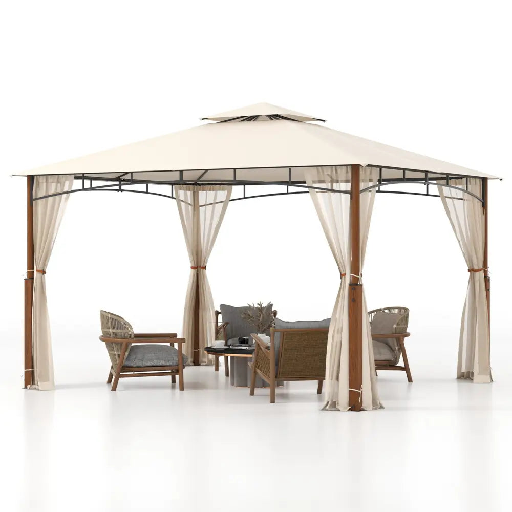 12 x 10 Feet Outdoor Patio Gazebo with Netting and 2-Tier Canopy Roof-Beige - Beige - Gazebos