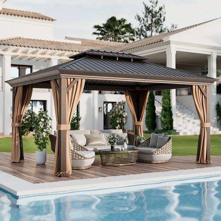 12’ x 16’ Double-Roof Hardtop Gazebo with Galvanized Steel Roof-Coffee - Coffee - Gazebos