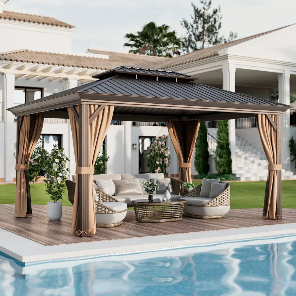 12’ x 16’ Double-Roof Hardtop Gazebo with Galvanized Steel Roof-Coffee - Coffee - Gazebos