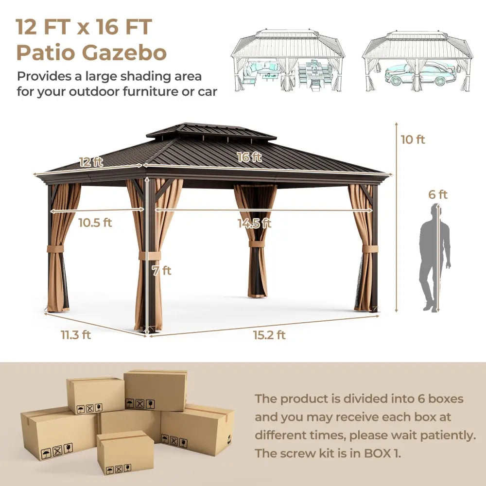 12’ x 16’ Double-Roof Hardtop Gazebo with Galvanized Steel Roof-Coffee - Coffee - Gazebos