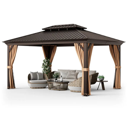 12’ x 16’ Double-Roof Hardtop Gazebo with Galvanized Steel Roof-Coffee - Coffee - Gazebos