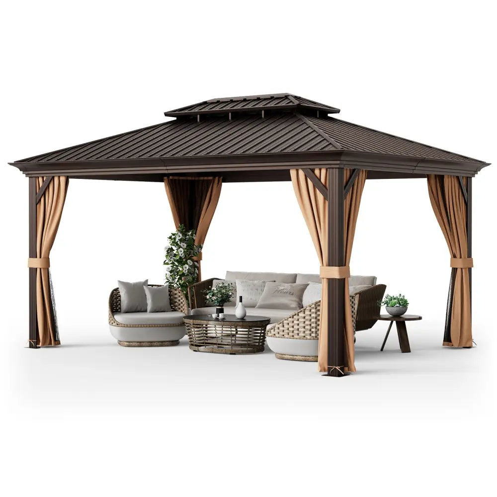 12’ x 16’ Double-Roof Hardtop Gazebo with Galvanized Steel Roof-Coffee - Coffee - Gazebos