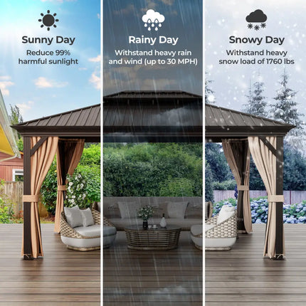 12’ x 16’ Double-Roof Hardtop Gazebo with Galvanized Steel Roof-Coffee - Coffee - Gazebos