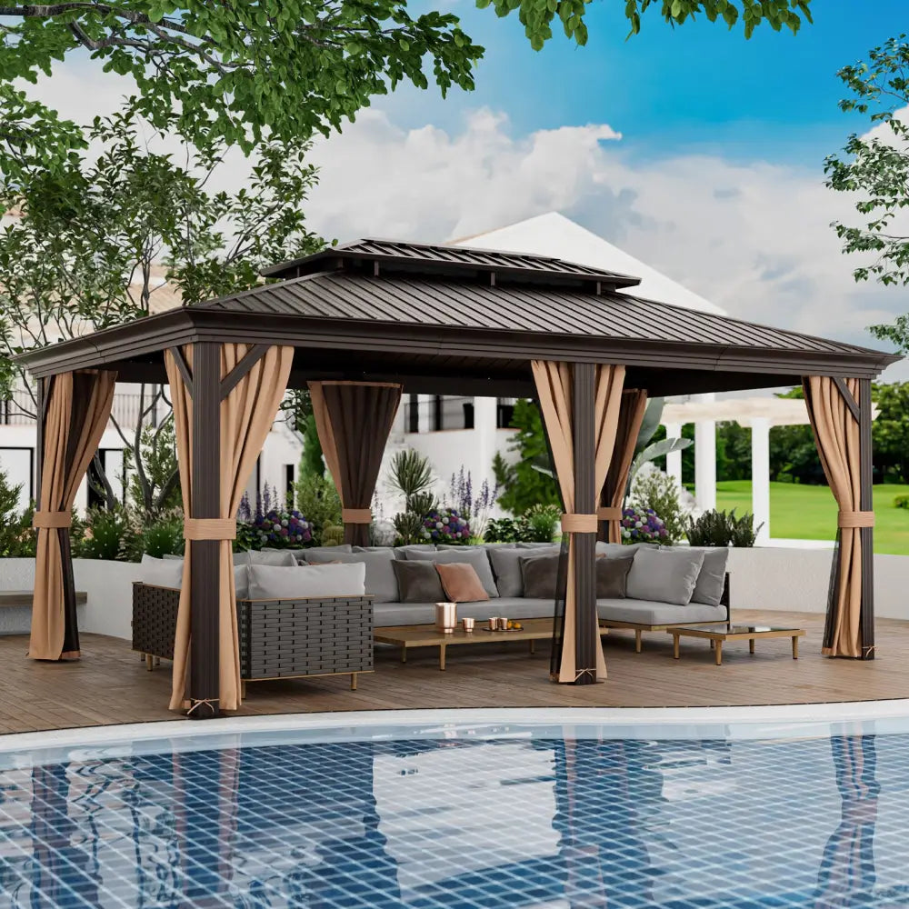 12’ x 20’ Double-Roof Hardtop Gazebo with Galvanized Steel Roof-Coffee - Coffee - Gazebos