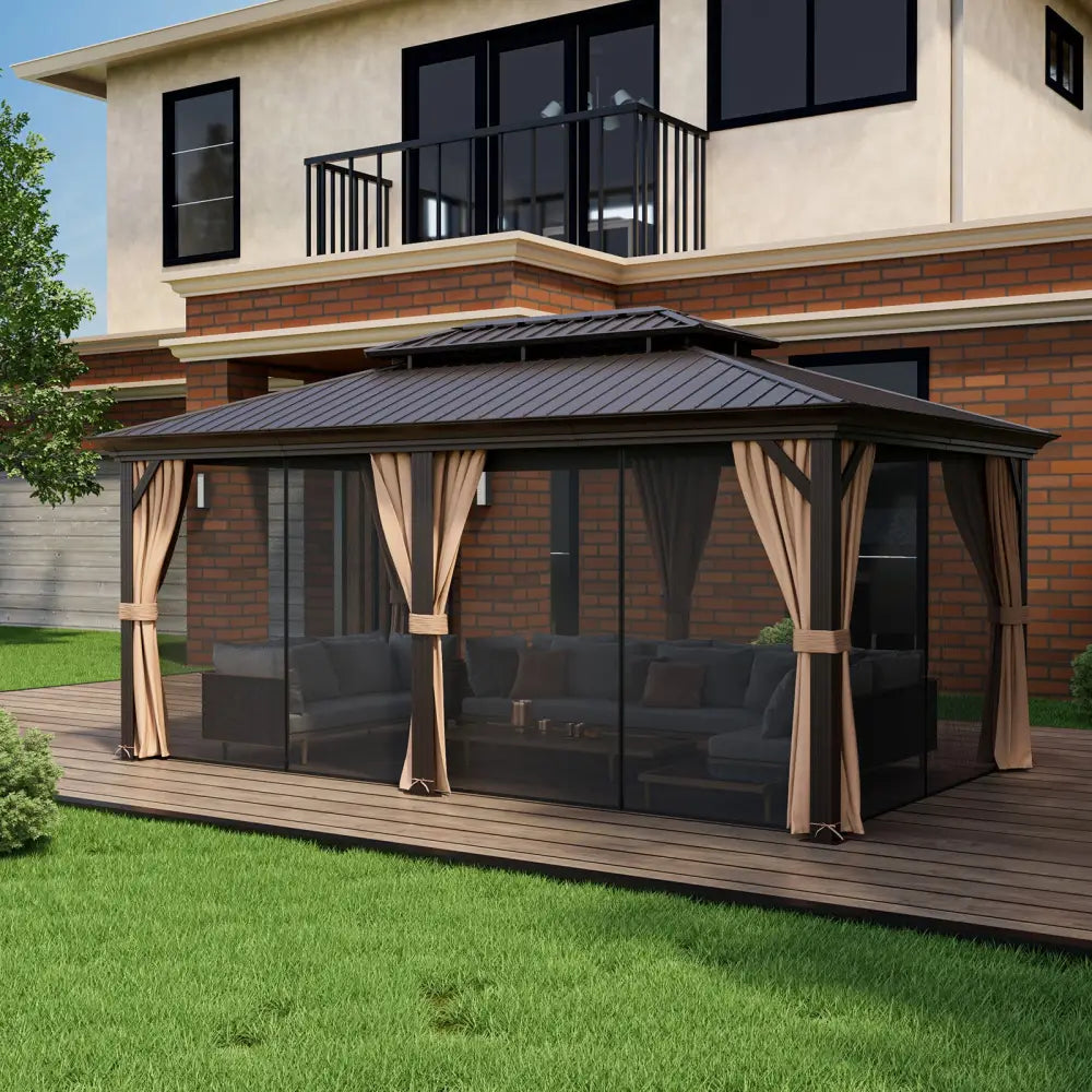 12’ x 20’ Double-Roof Hardtop Gazebo with Galvanized Steel Roof-Coffee - Coffee - Gazebos