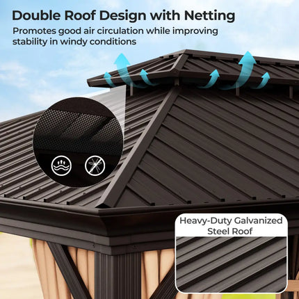 12’ x 20’ Double-Roof Hardtop Gazebo with Galvanized Steel Roof-Coffee - Coffee - Gazebos