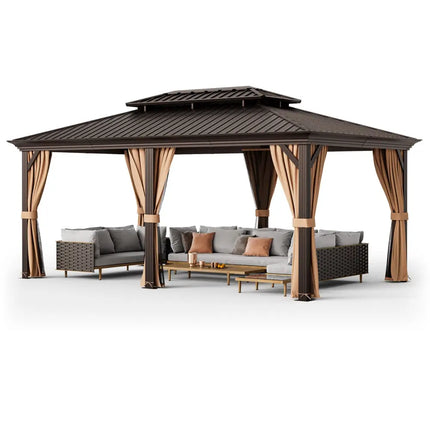 12’ x 20’ Double-Roof Hardtop Gazebo with Galvanized Steel Roof-Coffee - Coffee - Gazebos