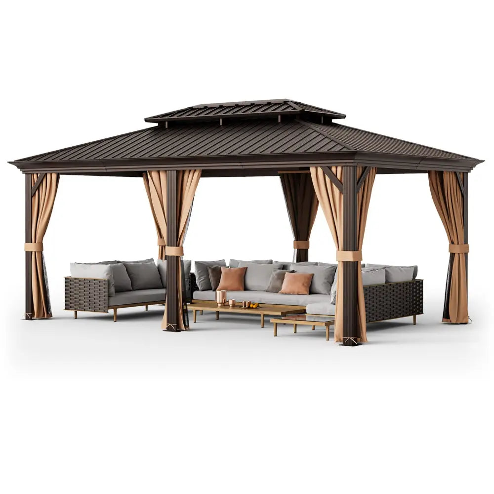 12’ x 20’ Double-Roof Hardtop Gazebo with Galvanized Steel Roof-Coffee - Coffee - Gazebos