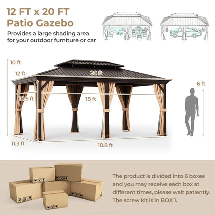 12’ x 20’ Double-Roof Hardtop Gazebo with Galvanized Steel Roof-Coffee - Coffee - Gazebos